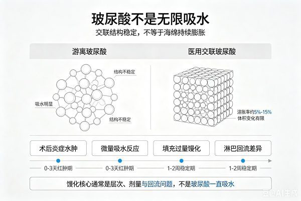 玻尿酸吸水真相图解：非交联玻尿酸（护肤品）vs 交联玻尿酸（医用注射）结构对比，溶胀率0-15%数据示意。