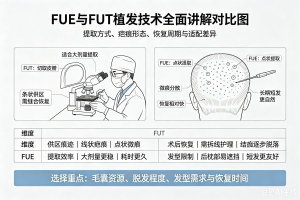 FUE vs FUT：植发技术的全面对决——从原理、疤痕到恢复期，一篇看懂怎么选