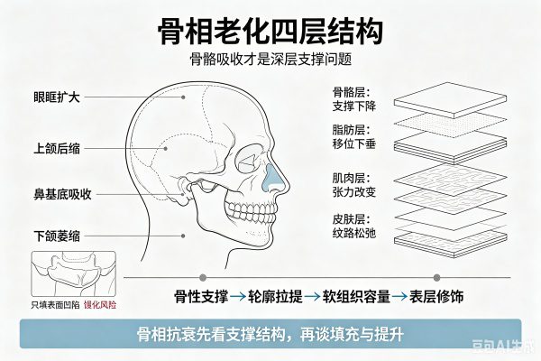 骨相老化四大关键改变示意图：眼眶骨扩大、鼻周支撑下降、上颌骨后缩、下颌骨流失，及对应的面部衰老表现。