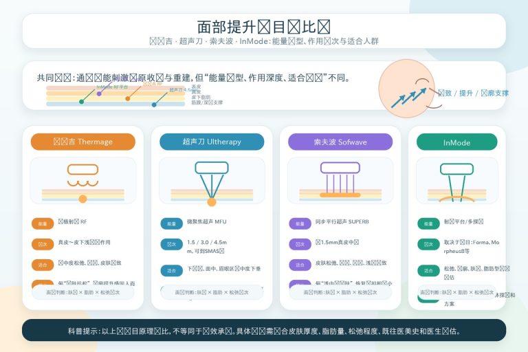 韩国七大非侵入式面部提升项目对比图，标注热玛吉/超声刀/索夫波/InMode/ONDA/钛提升/emface的核心差异