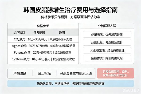 韩国皮脂腺增生治疗价格表：CO₂激光单颗1-3万韩元、Agnes射频微针套餐26.9-48.9万韩元、Potenza Agnes按处计费价格参考。