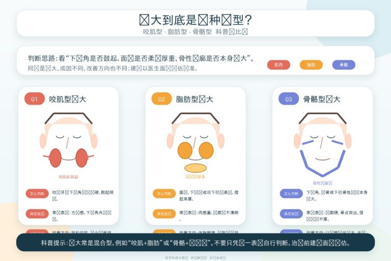 脸大三种类型自测示意图，标注咬肌型/脂肪型/骨骼型的判断方法