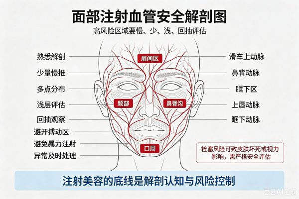 面部血管解剖图：滑车上动脉、眶上动脉、鼻背动脉、角动脉、上唇动脉等关键血管分布，面部六大危险区域（眉间/颞部/眶下/鼻部/鼻唇沟/口周）标注。