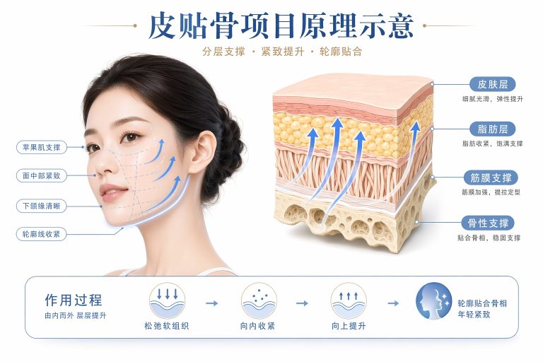 “皮贴骨”面部三层结构示意图，标注骨膜层/SMAS筋膜层/真皮层的处理逻辑与对应项目