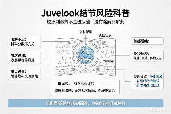 填充剂结节成因示意图：过量注射、水合不均、层次错误、材料选择不当、免疫反应五大原因，及安全施打四大原则。
