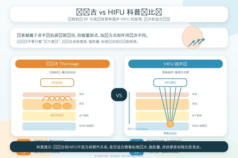 热玛吉与HIFU作用原理对比图，标注容积式加热与点状聚焦SMAS层的差异