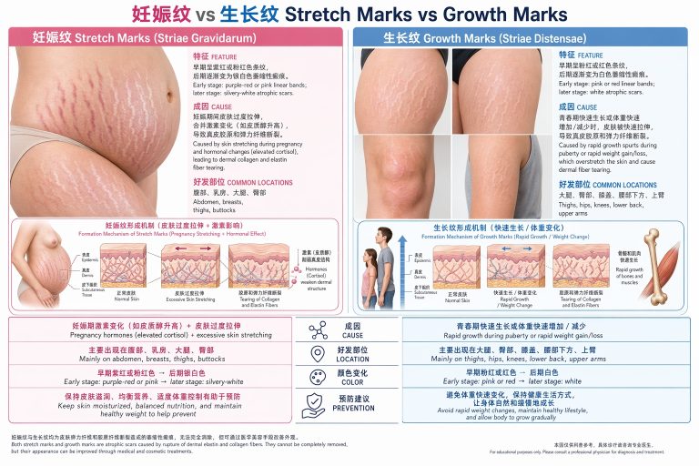 肥胖纹与妊娠纹对比示意图，膨胀纹红纹期与白纹期发展阶段图解