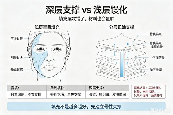 注射微整形“支撑”与“填补”层次差异图：骨膜层深层支撑 vs 真皮层浅层填补，馒化脸形成原因（过量/过浅/频繁）与正确分层注射逻辑。