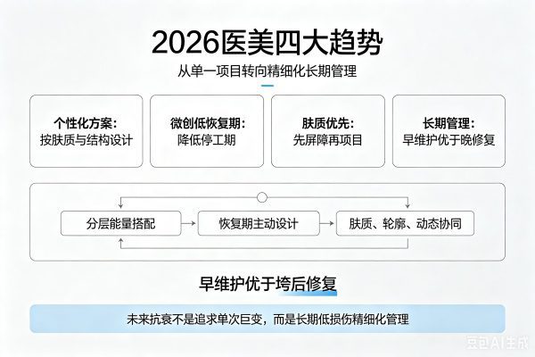 未来医美四大趋势示意图：个性化、微创化、重视皮肤品质、细节精细化，及从恢复期到治疗设计的思维转变。未来医美四大趋势示意图：个性化、微创化、重视皮肤品质、细节精细化，及从恢复期到治疗设计的思维转变。