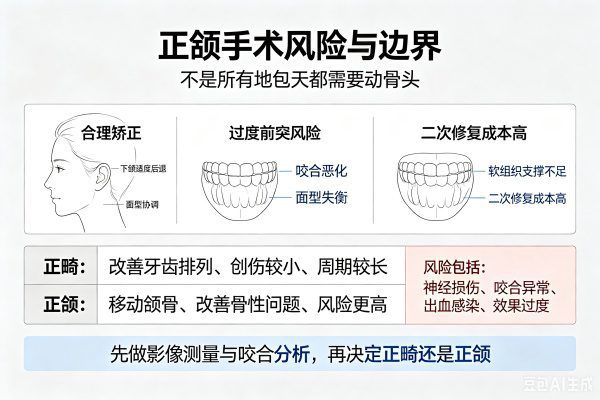 武汉少女正颌手术事故警示图：术前下颌后移2mm方案 vs 术后前移13mm结果对比，正颌与正畸区别示意，及术前避坑指南。