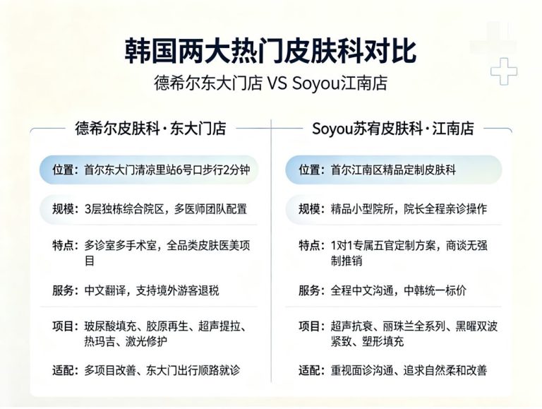 韩国皮肤科对比：德希尔东大门店3层独栋综合院区 vs Soyou江南店精品定制院长亲诊，适配多项目改善与自然柔和需求
