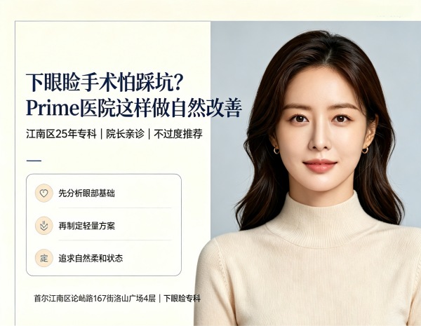 首尔江南Prime医院，下眼睑专科，25年经验院长亲诊，不过度推荐，先分析眼部基础再制定轻量方案，追求自然柔和状态。