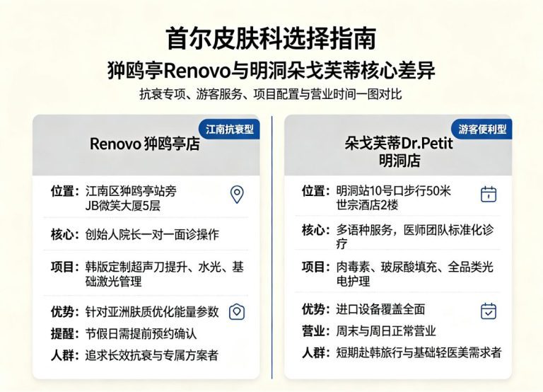 首尔皮肤科对比：江南狎鸥亭Renovo抗衰型院长亲诊 vs 明洞朵戈芙蒂游客便利型多语种服务，项目与人群定位对照